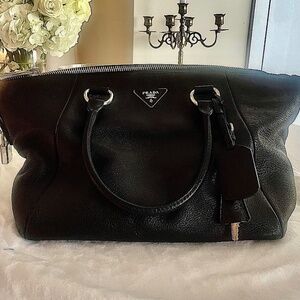 PRADA Vitello Daino Leather Satchel Bag Black BR5128